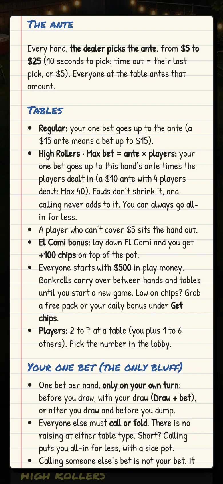 Phone screenshot of the Dompe rules sheet showing the ante, the Regular and High Rollers tables, and how many chips each player starts with.