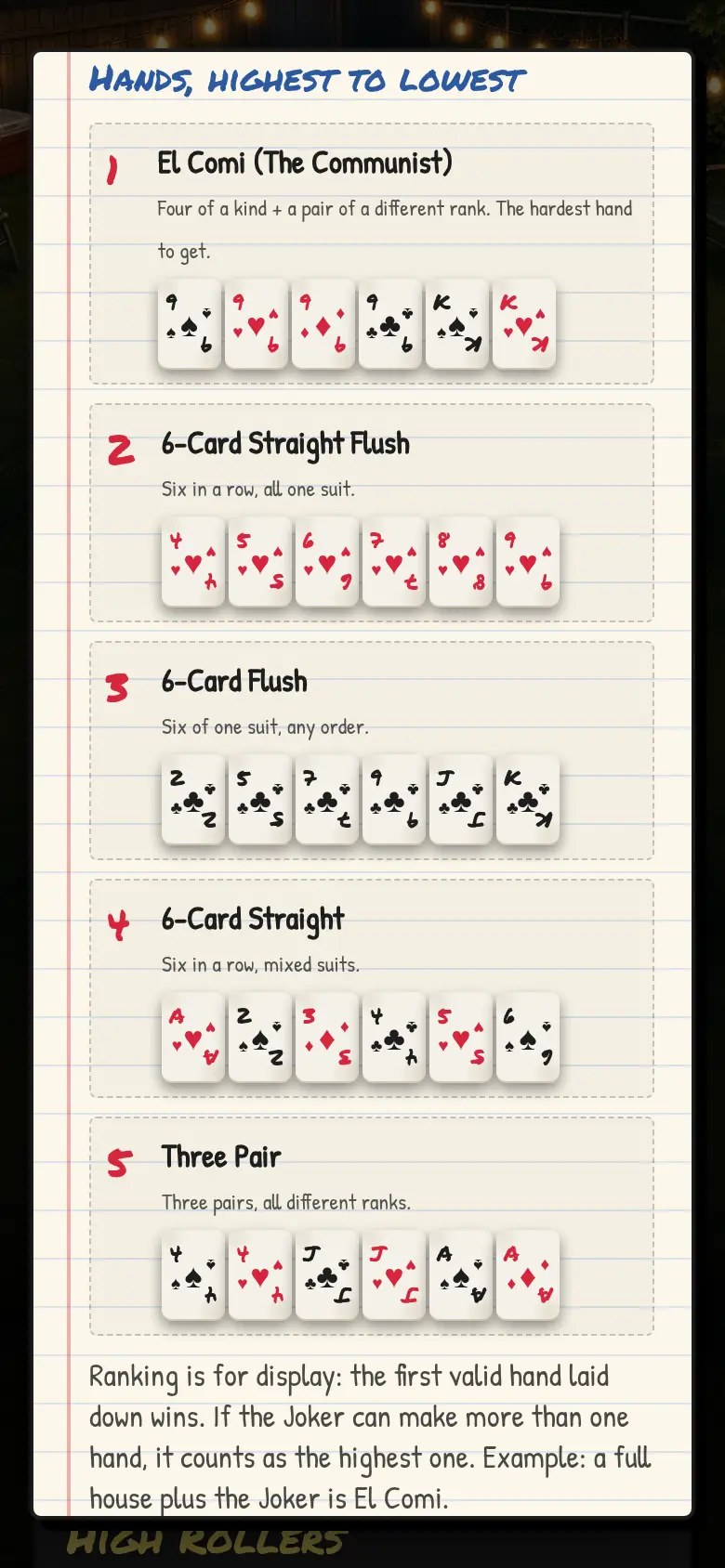 Phone screenshot of the hand rankings in the Dompe rules sheet, listing El Comi, straight flush, flush, straight and three pair with a sample hand of six cards for each.