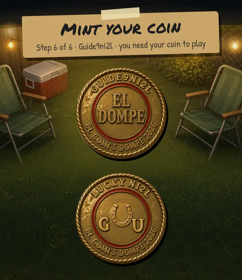 The coin minting screen in Dompe: two example coins with a player name stamped around the edge and a horseshoe design on the back.