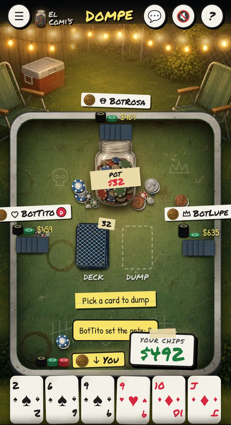Phone screenshot of a Dompe table in the middle of a hand with six cards in the player's hand and a jar of chips in the center.